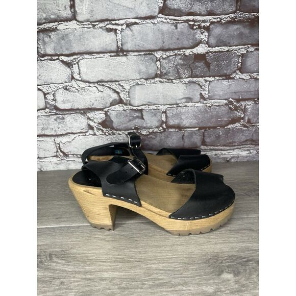 Swedish Hasbeens Black Leather Wooden Heel Peep Toe Ankle Strap Sandals Women 38 - Picture 4 of 16